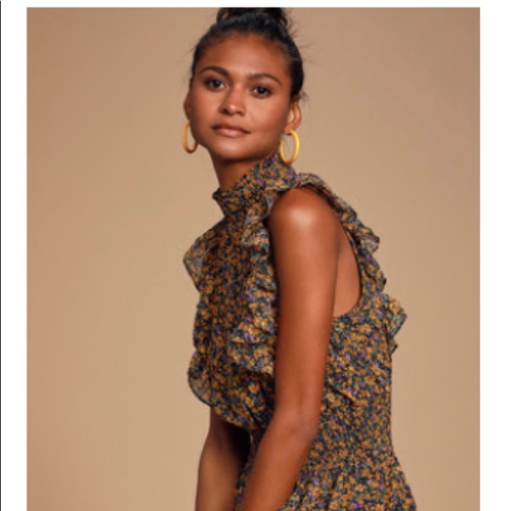 Evalina Mustard Yellow Floral Print Mock Neck